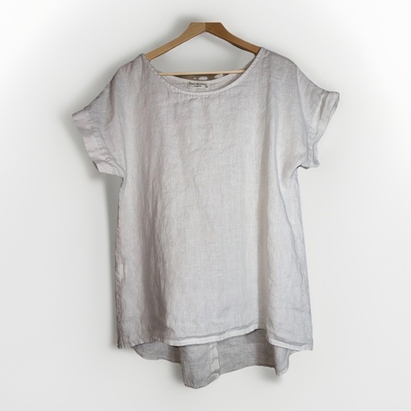 Terzo Millennio Tops - Terzo Millennio Sand 100% Linen Short Sleeve Hi-Low Hem Tunic Top Size Small